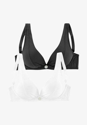 Zwei BHs in Schwarz und Weiß, mit glatter Textur, dreieckiger Form, verstellbaren Trägern und einem zentralen Akzentdetail.