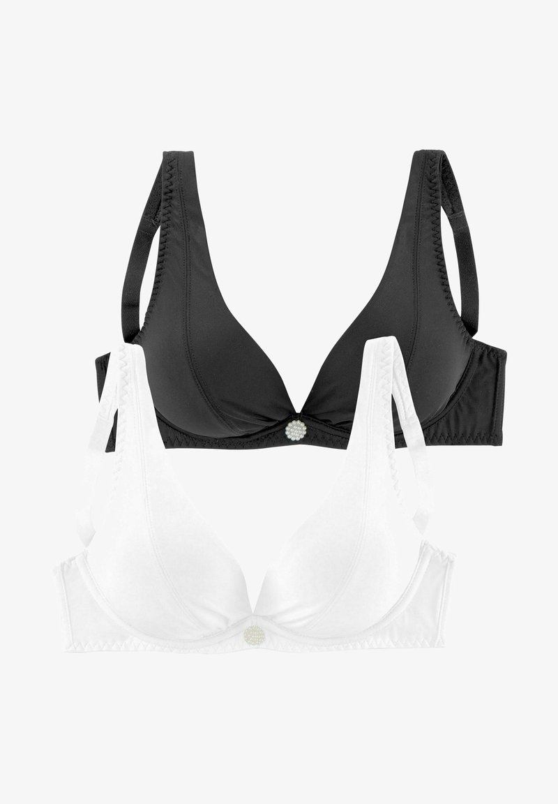 Deux soutiens-gorge en noir et blanc, présentant une texture lisse, une forme triangulaire, des bretelles ajustables et un détail accentué au centre.