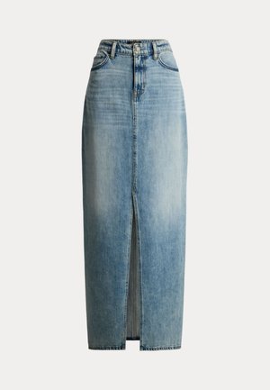 Φούστα από τζιν σε ανοιχτό μπλε χρώμα με ψηλή μέση, εμπρόσθια σχισμή, θηλιές για ζώνη, κουμπί κλεισίματος και ξεβαμμένες λεπτομέρειες.