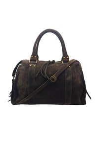 Sac à main en daim brun foncé avec des poignées doubles, une sangle d'épaule réglable, des boucles en métal doré et une fermeture éclair.