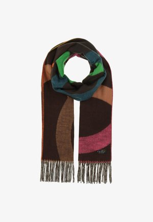 Mitmekesine sall, millel on geomeetriline muster roheline, pruun, roosa ja sinise varjundiga; lõpetatud ääristega.