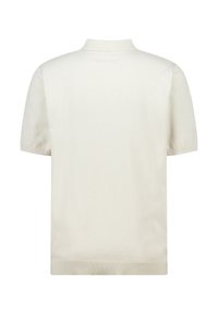 Short-sleeve polo shirt in off-white cotton knit. Features a classic collar, ribbed cuffs, and a straight hem without embellishments.