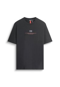 Zwarte katoenen t-shirt met een ronde hals, korte mouwen, een rechthoekig grafisch detail op de borst en rode tekst die het ontwerp accentueert.