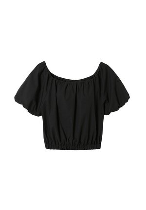 Blusa negra corta con dobladillo elástico, mangas cortas abullonadas y escote ancho elástico en forma de barco.
