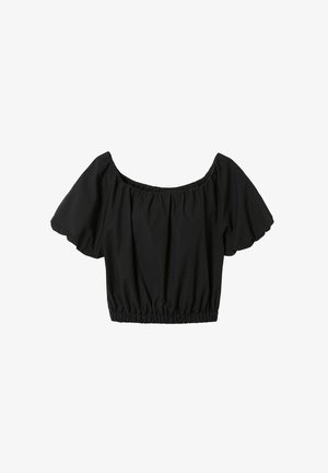 Blusa negra corta con dobladillo elástico, mangas cortas abullonadas y escote ancho elástico en forma de barco.
