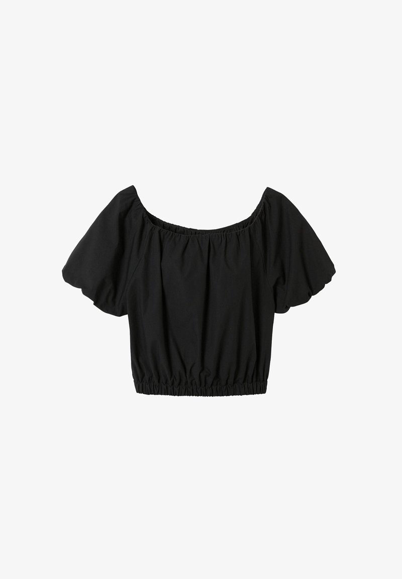 Blouse courte noire avec ourlet élastique, manches courtes bouffantes et large encolure ronde élastique.