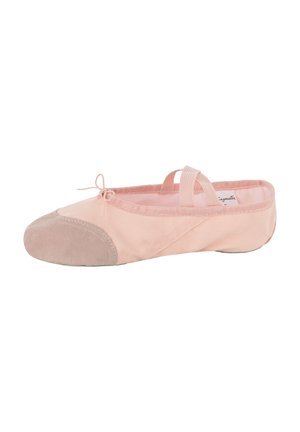 Ballettschuh aus weichem Pinkstoff mit einer runden Zehenpartie. Verfügt über eine graue Wildlederzehenkappe und elastische Riemen für einen sicheren Sitz.