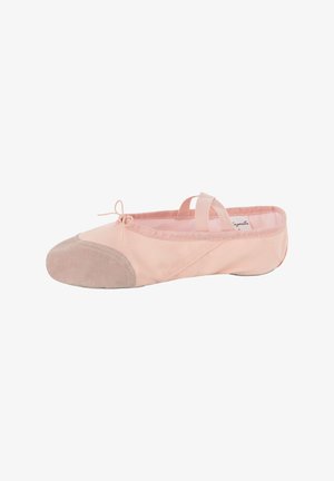 Ballettschuh aus weichem Pinkstoff mit einer runden Zehenpartie. Verfügt über eine graue Wildlederzehenkappe und elastische Riemen für einen sicheren Sitz.