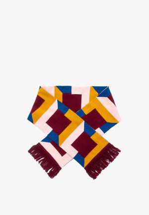 Wielokolorowy szalik z geometrycznymi wzorami w kolorze burgundowym, musztardowym, niebieskim i różowym. Wykończony frędzlami. Miękka faktura.