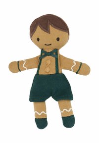 Textilpuppe mit braunen Haaren, gebräuntem Teint und grüner Latzhose; mit Knopfdetails, einer Schleife und cremefarbenen Akzenten an Ärmeln und Beinen.