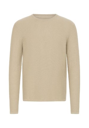 Béžový svetr s dlouhým rukávem a kulatým výstřihem, vyrobený z měkké pleteniny. Jednoduchý design bez viditelných vzorů či ozdob.
