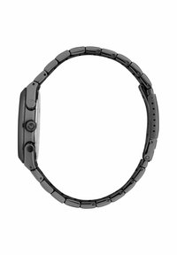Orologio in metallo nero con cassa rettangolare, tre pulsanti sul lato e bracciale a maglie. Caratterizzato da una finitura lucida e un quadrante trasparente.
