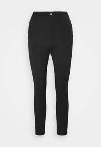 Černé slim-fit kalhoty s hladkým povrchem, s předním zapínáním na knoflík a zip, dvěma bočními kapsami a čistým lemem.