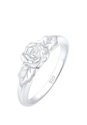 Anneau en argent avec un design surélevé d'une rose et deux feuilles sur le bandeau, estampillé "925" indiquant de l'argent sterling.