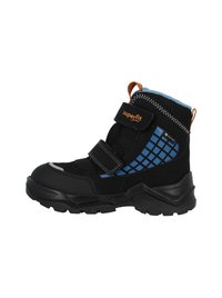 Schwarze wetterfeste Knöchelstiefel mit blauem Karomuster, ausgestattet mit verstellbaren Klettverschlüssen und einer robusten Gummisohle für Trittfestigkeit.