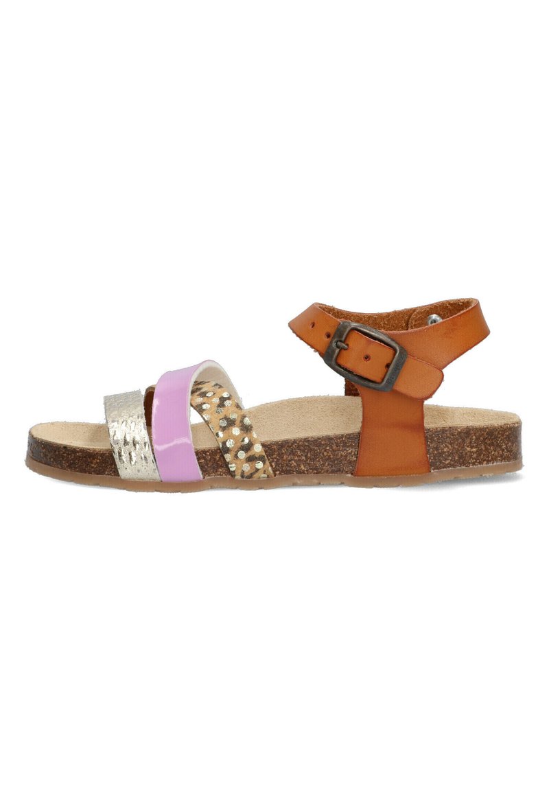 Sandalo multicolore con cinturini argentati, rosa e beige con un motivo a pois, cinturino marrone alla caviglia e suola in sughero. Fibbia regolabile.