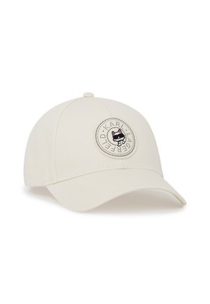 Casquette de baseball blanc cassé avec une visière incurvée et un patch rond représentant un chat portant des lunettes de soleil accompagné d'un texte autour.