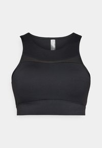 Μαύρο αθλητικό σουτιέν με στρογγυλή λαιμόκοψη και φαρδιές τιράντες. Κατασκευασμένο από λείο, ελαστικό υλικό με διαφανή πινελιά στην περιοχή του στήθους.