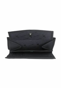 Portefeuille en tissu noir ouvert montrant plusieurs compartiments et emplacements pour cartes avec fermeture à bouton pression à l’intérieur.