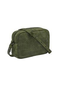 Borsa a tracolla verde in suede con forma rettangolare, chiusura con zip e tracolla regolabile. Presenta una texture liscia e hardware minimale.