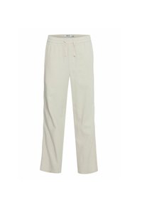 Beige casualbroeken met elastische tailleband en trekkoord, rechte snit, gemaakt van zachte stof voor comfortabele dragen.