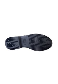 Zwarte rubberen laarzenzool met een gestructureerd profiel voor grip. Inclusief een zichtbare logo-afdruk in het midden.