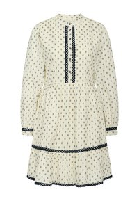 Weißes langärmliges Kleid mit marineblauem Blumenmuster, rundem Ausschnitt, Knopfverschluss und Spitzenbesatz am Oberteil und Saum. A-Linie.