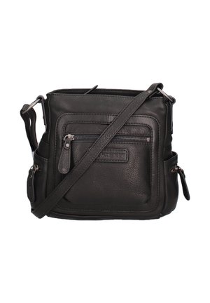 Zwarte leren crossbodytas met voor- en zijvakken met rits en een verstelbare schouderriem.