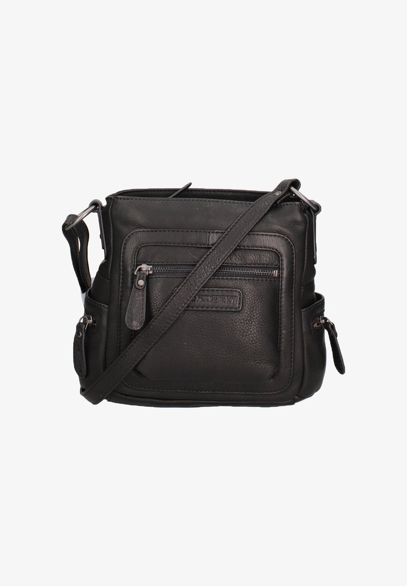 Sac bandoulière en cuir noir avec poches zippées à l'avant et sur les côtés, et une sangle d'épaule réglable.