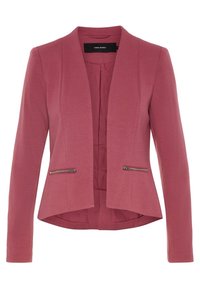 Růžový žebrovaný blazer s dlouhými rukávy a otevřeným předním dílem. Obsahuje dvě kapsy na zip, přiléhavý střih a hladkou podšívku.