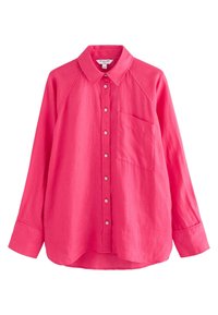 Pink linen button-up shirt with a pointed collar, long raglan sleeves, a left chest pocket, and a curved hemline.