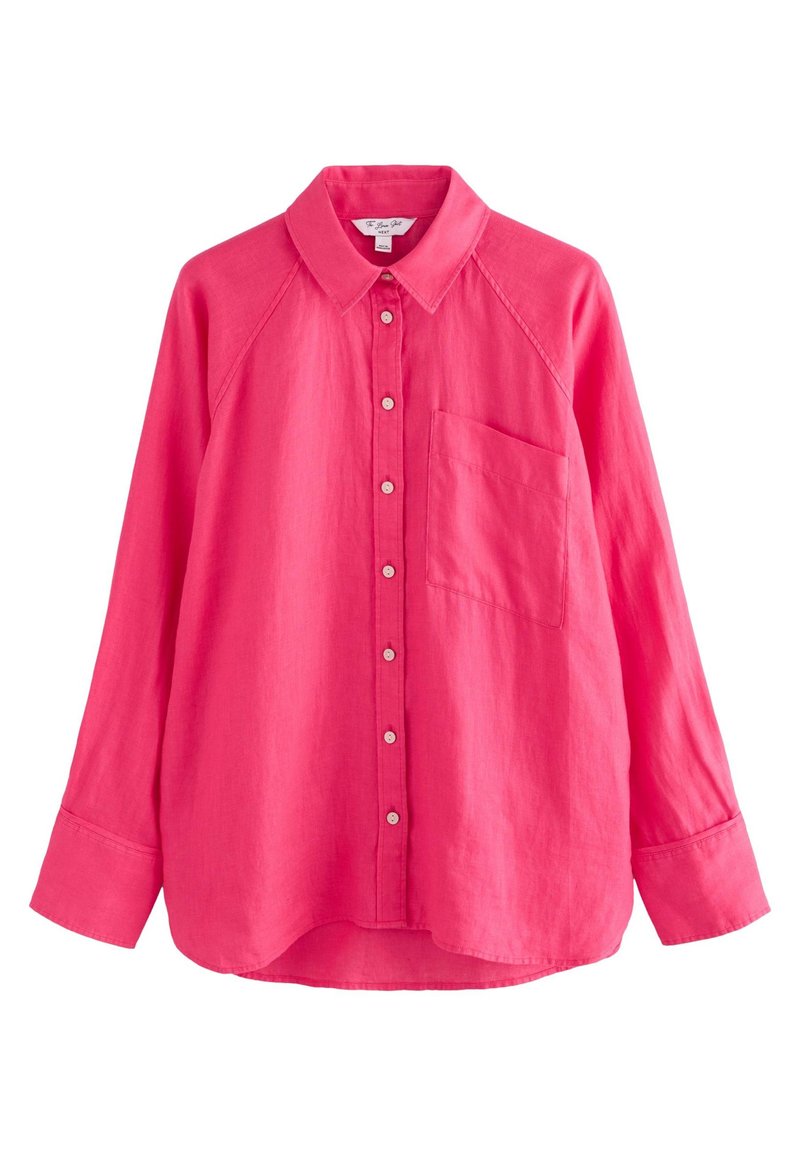 Pink linen button-up shirt with a pointed collar, long raglan sleeves, a left chest pocket, and a curved hemline.