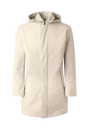 Beige water-resistant coat with a hood, featuring a front zip closure and two side pockets, designed in a straight cut with minimal detailing.