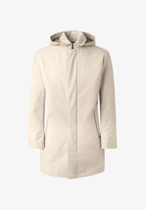 Beige waterafstotende jas met een capuchon, voorzien van een ritssluiting aan de voorkant en twee zijzakken, ontworpen in een rechte snit met minimale details.