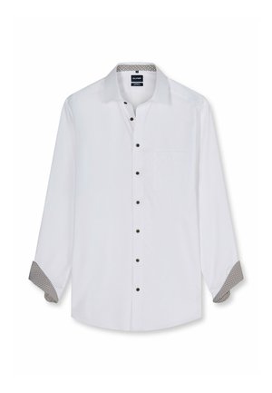 Camicia bianca a maniche lunghe con bottoni neri e fodere interne del colletto e dei polsini decorate, mostrata distesa su sfondo bianco.