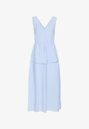 Helehall sinine varrukateta maxi-kleit V-kaelusega ja kogutud vöökohaga, mis loob rinnaosale kihilise peplumi efekti.