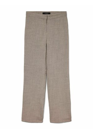 Pantalon marron clair en tissu texturé. Conception à jambe droite avec une taille propre et une fermeture éclair sur le côté. Pas de motifs ni d'accents visibles.