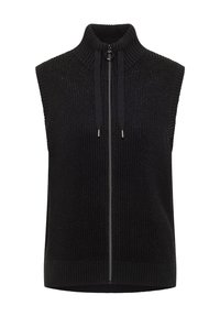 Černá vesta bez rukávů s vysokým límcem, předním zipem, žebrovanou pletenou strukturou a šňůrkovými detaily. Jednoduchý, moderní design.