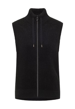 Czarna kamizelka bez rękawów z wysokim kołnierzem, zamkiem z przodu, prążkowaną fakturą dzianiny i ozdobami ze sznurków. Prosty, nowoczesny design.