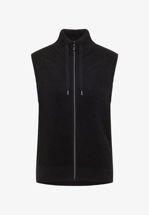 Schwarze ärmellose Weste mit hohem Kragen, Reißverschluss vorne, strukturiertem Rippenstrick und Kordelzug-Details. Einfaches, modernes Design.