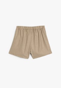 Bruine geruite boxershorts met een elastische tailleband, gemaakt van lichtgewicht stof, met een losse pasvorm en een zachte, kleine ruitpatroon.