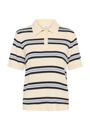 Tricou polo de culoare galben deschis, cu dungi orizontale în nuanțe de bleumarin și albastru deschis. Are un guler clasic și o închidere cu trei nasturi. Mâneci scurte.