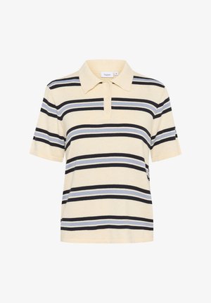 Polo skjorte i lysegul med marineblå og lyseblå vandrette striber. Har en klassisk krave og tre-knaps lukning. Korte ærmer.