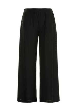 Pantalon noir à jambes larges en tissu doux et texturé. Dispose d'une ceinture élastique et d'un design fluide pour faciliter les mouvements.