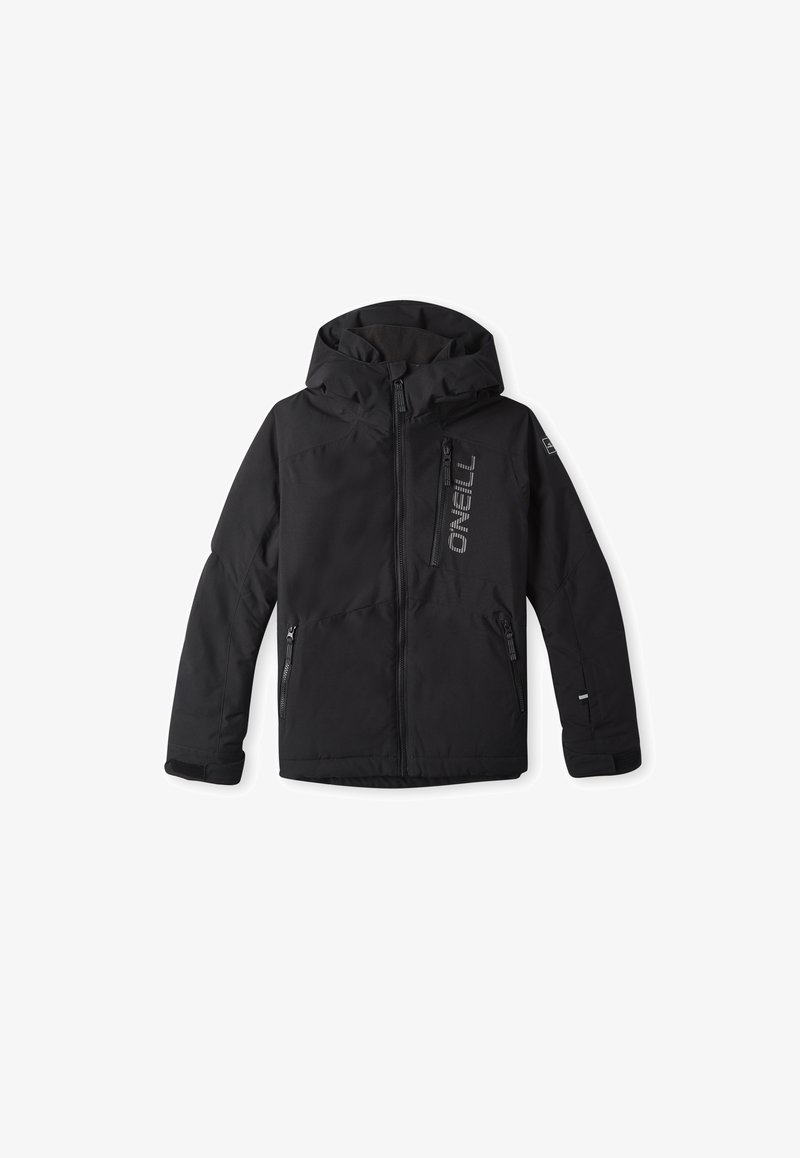 Melnā izolētā jaka ar priekšējo rāvējslēdzēju, kapuci un divām sānu kabatām, ar logotipiem un gludu, matētu virsmu.