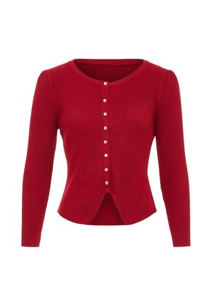 Punainen ribbed-neulecardigan, jossa on pitkät hihat, pyöreä pääntie ja nappikiinnitys edessä. Sisältää viisi koristeellista nappia sekä levenevän alahelman.