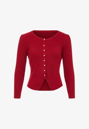 Punainen ribbed-neulecardigan, jossa on pitkät hihat, pyöreä pääntie ja nappikiinnitys edessä. Sisältää viisi koristeellista nappia sekä levenevän alahelman.