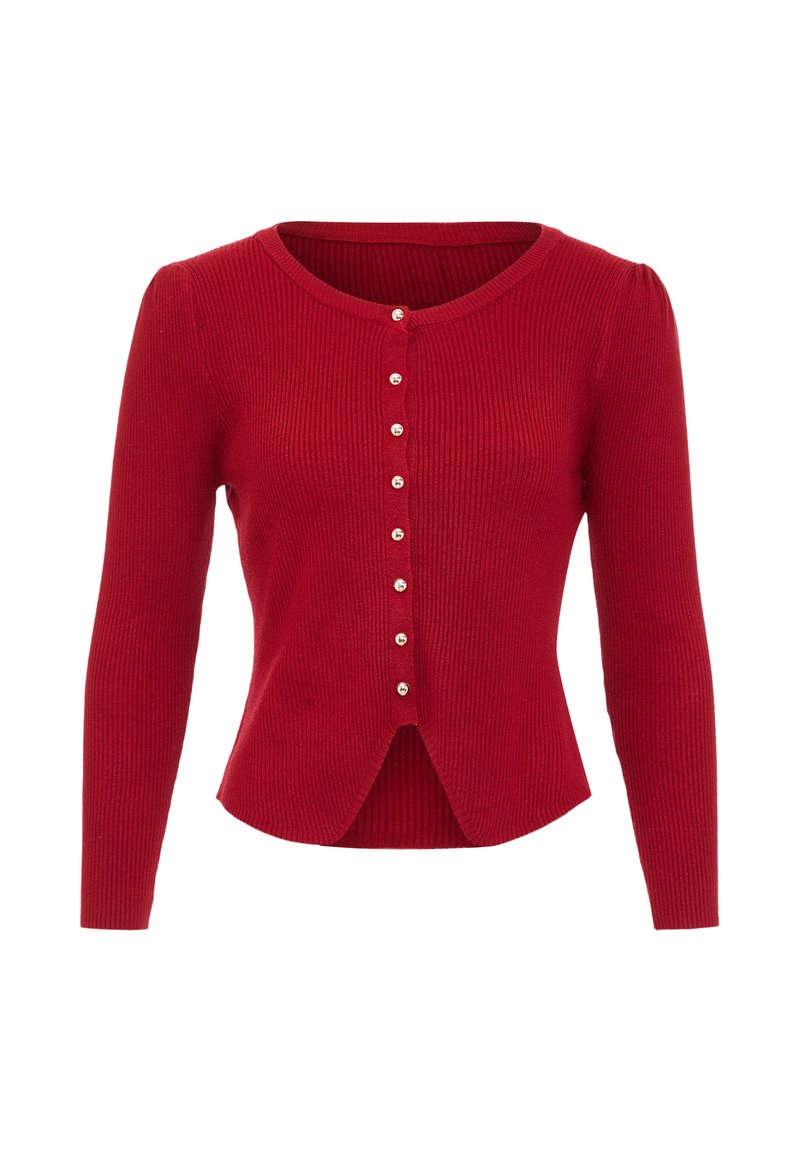 Roter gerippter Cardigan mit langen Ärmeln, rundem Halsausschnitt und durchgehender Knopfleiste. Verfügt über fünf dekorative Knöpfe und einen schwingenden Saum.