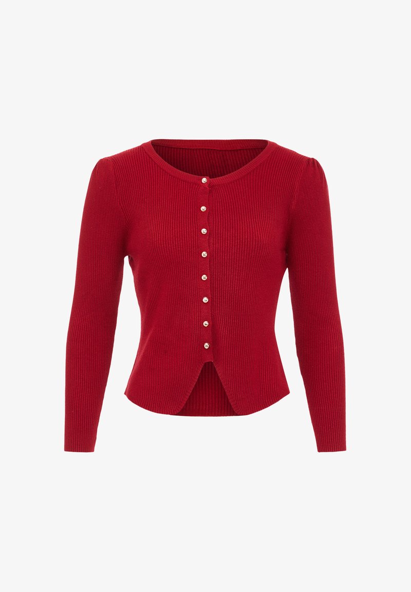 Cardigan roșu cu model în dungi, cu mâneci lungi, guler rotund și închidere cu nasturi în față. Are cinci nasturi decorativi și o margine de bază evazată.