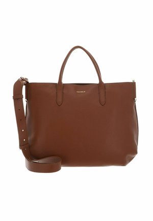Brown leather tote bag with two short handles and a detachable adjustable shoulder strap, featuring small gold brand logo on front.